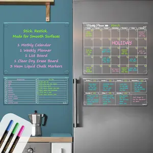 Non-Magnetic Calendar Set for Fridge - Dry Erase Transparent Monthly and Weekly Calendar, List and Blank Whiteboard - Sticks to Wall, Glass, Door, Any Smooth Surfaces