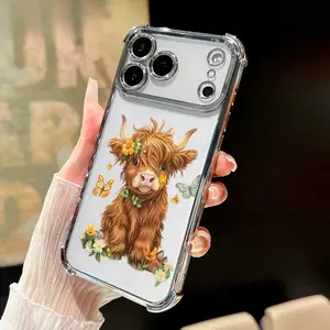 Flower Adorned Highland Calf Pattern Phone Cases for iPhone 17 Pro Max 16 15 Plus 14 13 12 11 Pro Samsung S26 S25 S24 S23 S22 Ultra Plus, Drop Protection Transparent Protective Silicone Cover Protection Durable Casing