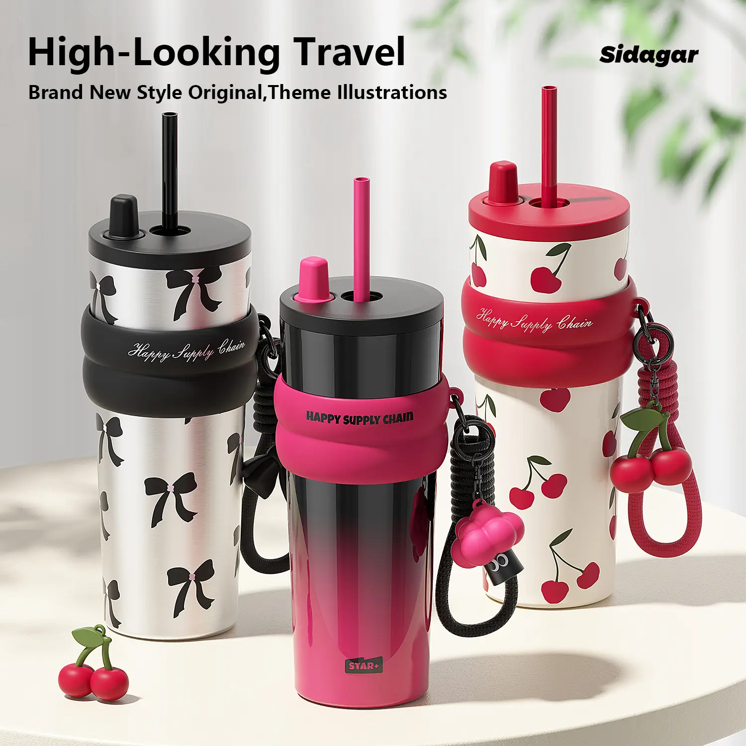[Sidagar] 24oz Leak-proof Cup Lid,Non-slip Noise Reduction Pad At The Bottom,StainlessSteel Thermos Cup,Portable watertight Straw Mouth,Wide Mouth an