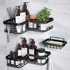 Shower Shelf, 3 Counts/set Including 2 Stainless Steel Shower Caddy & 1 Soap Holder, Corner Rack with Hook, Punch-free Bathroom Organizer, Home Goods