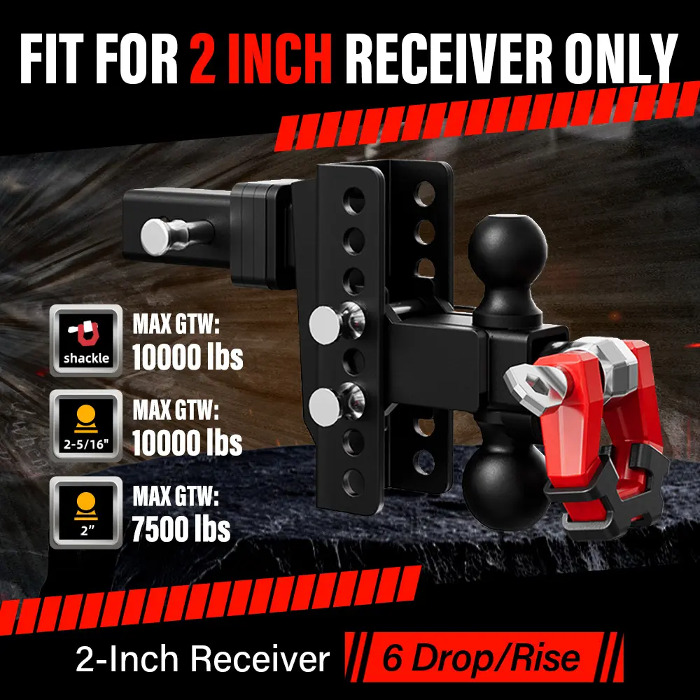 6 Inch Drop Adjustable Trailer Hitch - Fit 2 Inch Receiver Dual Ball Mount with Shackle, 10,000 LBS GTW, Anti-Theft Keyed Locks, Integrated Trailer Muffler & Rub Pads for Noise Reduction