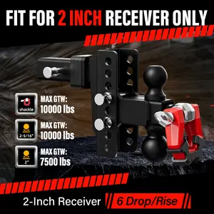 6 Inch Drop Adjustable Trailer Hitch - Fit 2 Inch Receiver Dual Ball Mount with Shackle, 10,000 LBS GTW, Anti-Theft Keyed Locks, Integrated Trailer Muffler & Rub Pads for Noise Reduction