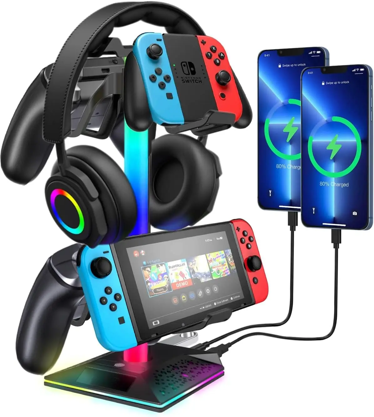 RGB Gaming Headphones Stand with 2 USB and 1 Type-C Ports, Headset Stand with 10 Light Modes and Non-Slip Rubber,Suitable for All Earphone Accessories,   for Desk Gamers