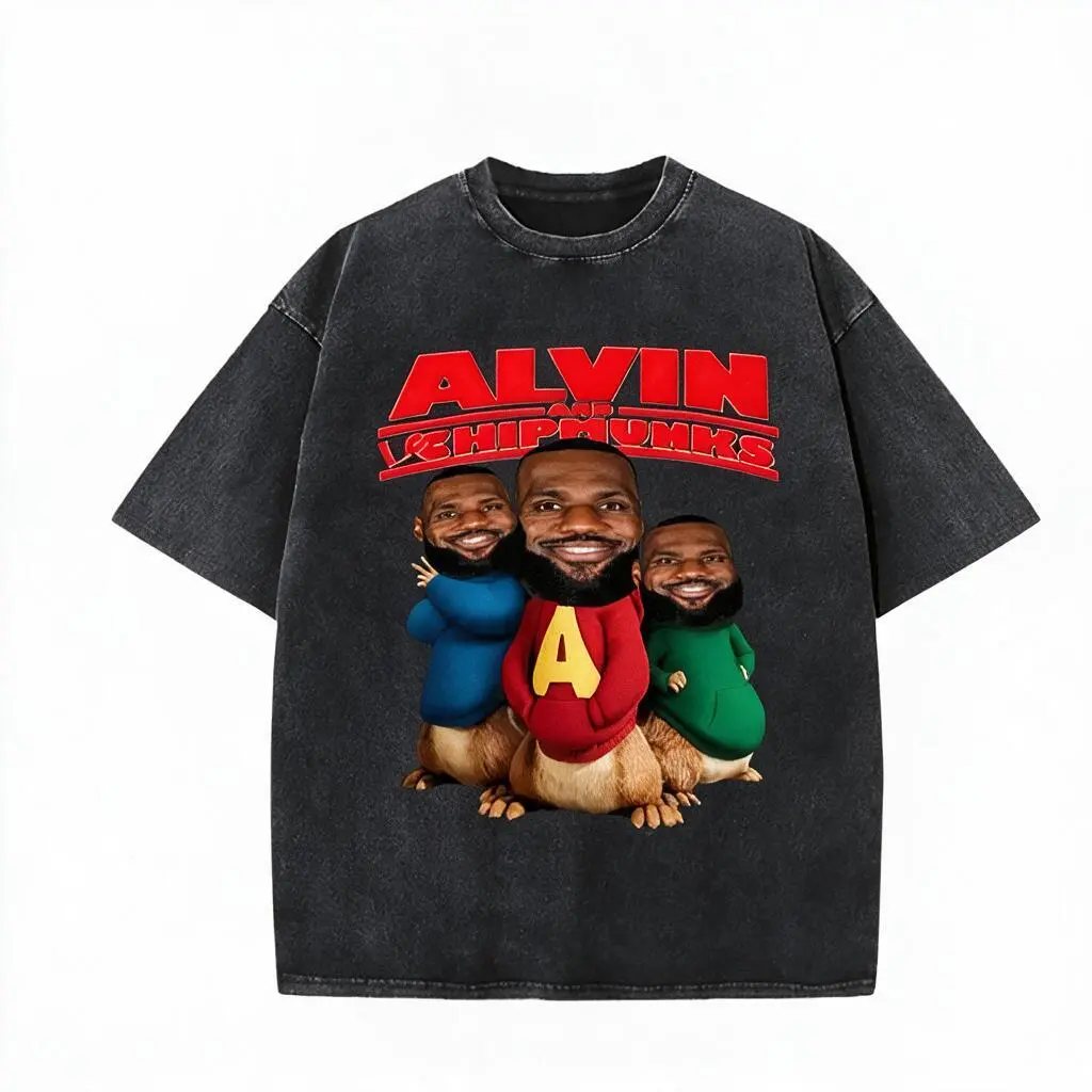 Lebron James x Alvin And The Chipmunks Digital Print Graphic Tee, Round Neck Short‑Sleeve Cotton Top, Smooth Soft Seamless Fabric, Cartoon Sports‑Inspired Casual Streetwear, Unisex Crewneck T‑Shirt For Adult Men And Women