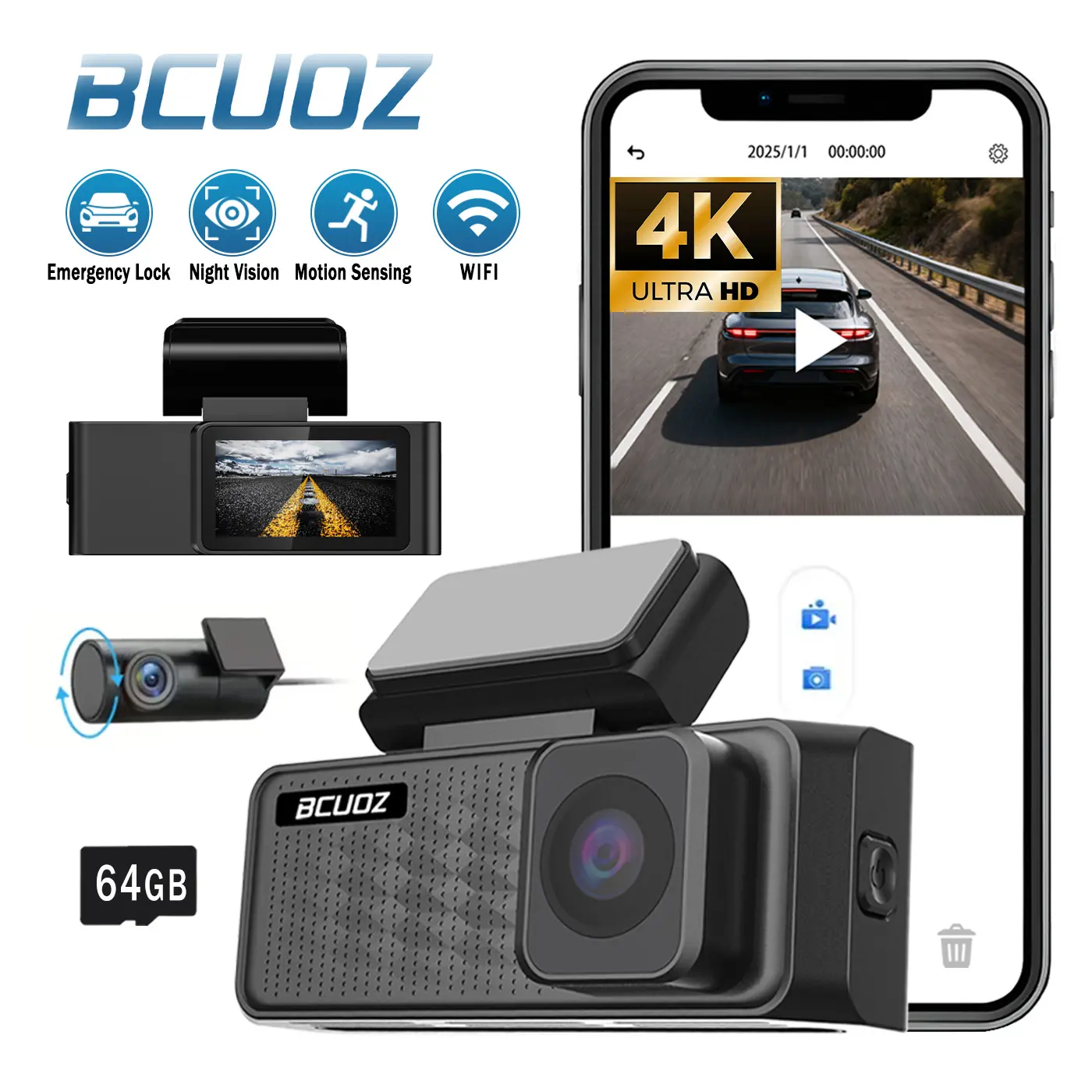 4K Dual Dash Camera for Cars with 64GB SD Card,  WiFi & App Control, Night Vision, Parking Mode, G-Sensor, Loop Recording.
