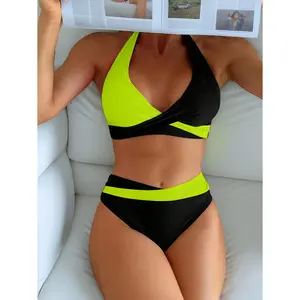Nylon High Waisted Color-Block String Bikini Set - 2026 New Design, Adjustable Straps, Removable Pads, Beach & Pool Party Swimwear, High Waisted Swim