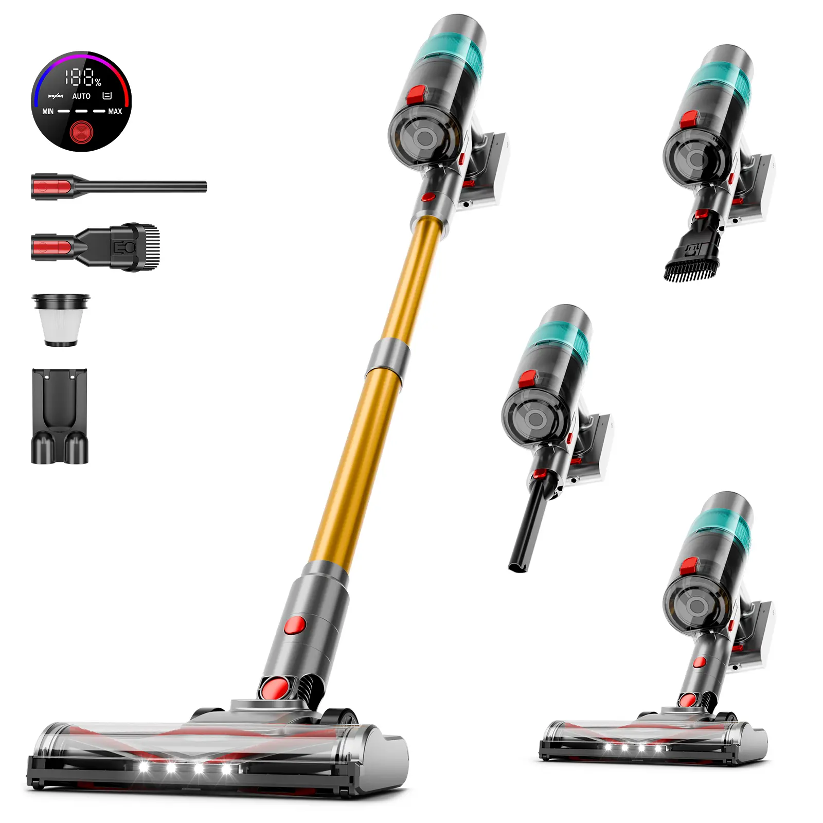 Cordless Vacuum Cleaner - Self-Standing, Touch Screen Control, LED Headlights, Hard Floor & Pet Hair Cleaning, Multiple Accessories, Long Runtime, Vacuum Cleaner Self-Standing Touch Screen