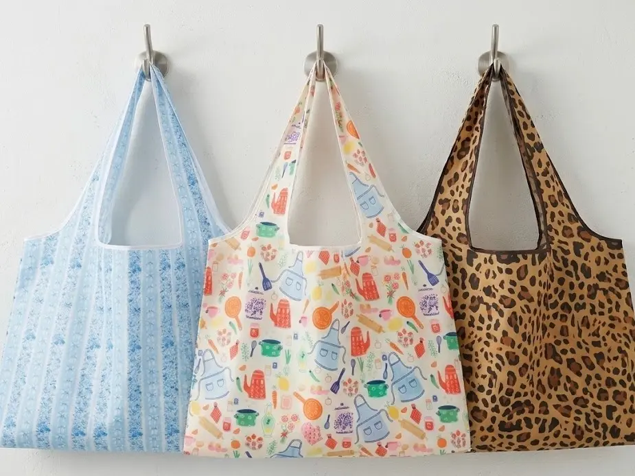 XL Open Top Foldable Reusable Grocery Tote Eco Bag - Plastic & Fabric Carryall, Chemical-Free, Waste-Free, Portable, 15.25" H x 22" W x 0.5" D, 15 lbs Carrying Weight Capacity, Different Pattern Styles, Eco Bags