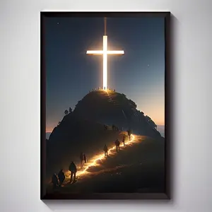 Illuminated Cross on Mountain Canvas Print Poster Religious Theme Durable Waterproof Artwork Unique Creative Wall Decor for Living Room Bedroom Office Dining Room Bar Perfect Gift for Religious Individuals Home Decor Enthusiasts