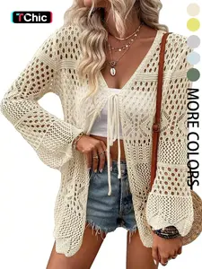 Women's Solid Color Hollow Out Crochet Cardigan, Lady Casual Long Sleeve Tie Front Knitwear for Summer, Fashion Women's Knit Clothing for Beach Vacation, Womenswear, Cardigan Sweater, Longsleeves Clothes for Women, Relaxed Fit Cardigan