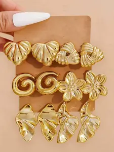 Fashion Earrings Set, Leaf Shape Geometric Studs, Floral Stud Earrings, Flower C-Shaped Dangle, Elegant Daily Wear, Perfect for Parties and Vacations