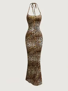 Leopard Print Halter Neck Bodycon Maxi Dress, Y2K Aesthetic Silky Backless Slim Fit Dress, Chic, for Party, Night Out, Date Night, Trendy Animal Print Sexy Clubwear with Adjustable Tie Straps, High Stretch Slimming Cocktail Party Dress Women