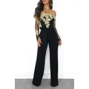 Plus Size Solid Color Front Tie Long Sleeve Sequin Decorated Jumpsuit S-3XL Fabric Fit Stand Collar Bishop Sleeve Party Overalls