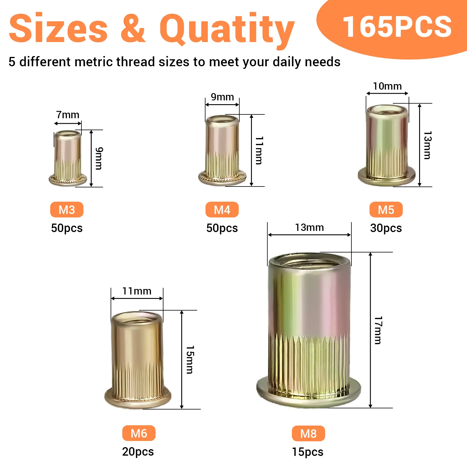 165PCS Corrosion-Resistant Zinc-Plated Carbon Steel Rivnut Kit, Metric M3-M8 Nutserts for Metal Furniture Fastening, DIY Projects, Durable Easy-to-Install Tools for Beginners and Pros
