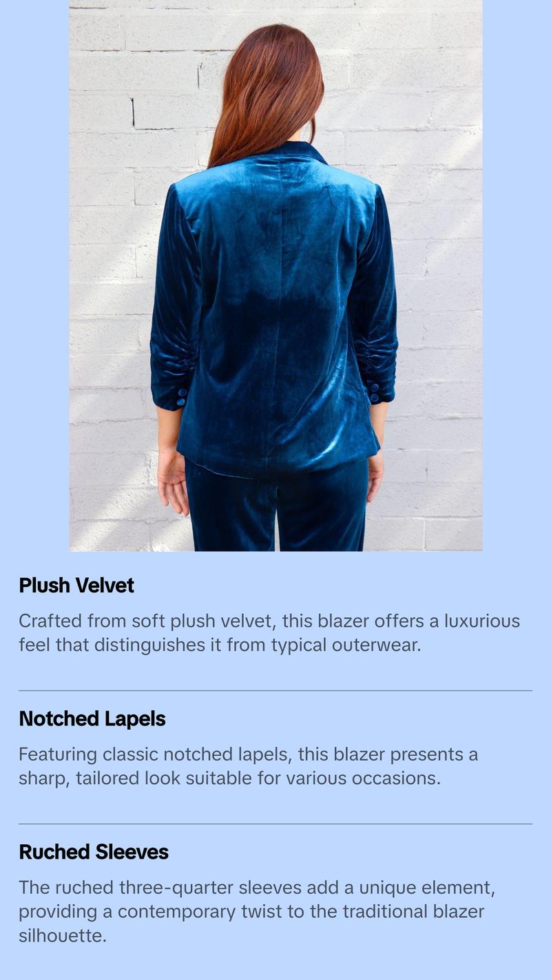 Velvet Blazer with Ruched Sleeves in Teal Color - Detailed Product Description Provided