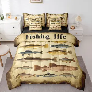 Fishing Bedding Set,7 Piece Bass Fishing Bed in A Bag with Sheets Fisherman Lover Comforter Set for Kids Adults,Rustic Style Fishes Bed Sets