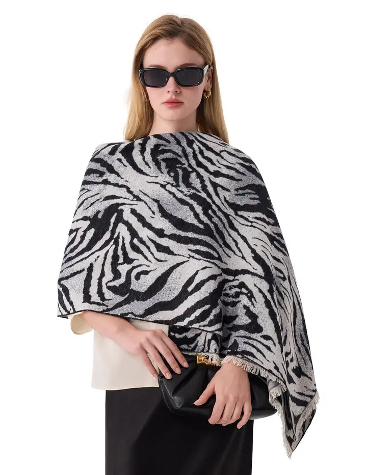 The Iris Zebra Silk Scarf – 100% Mulberry Silk, Jacquard Reversible, 71"x24"