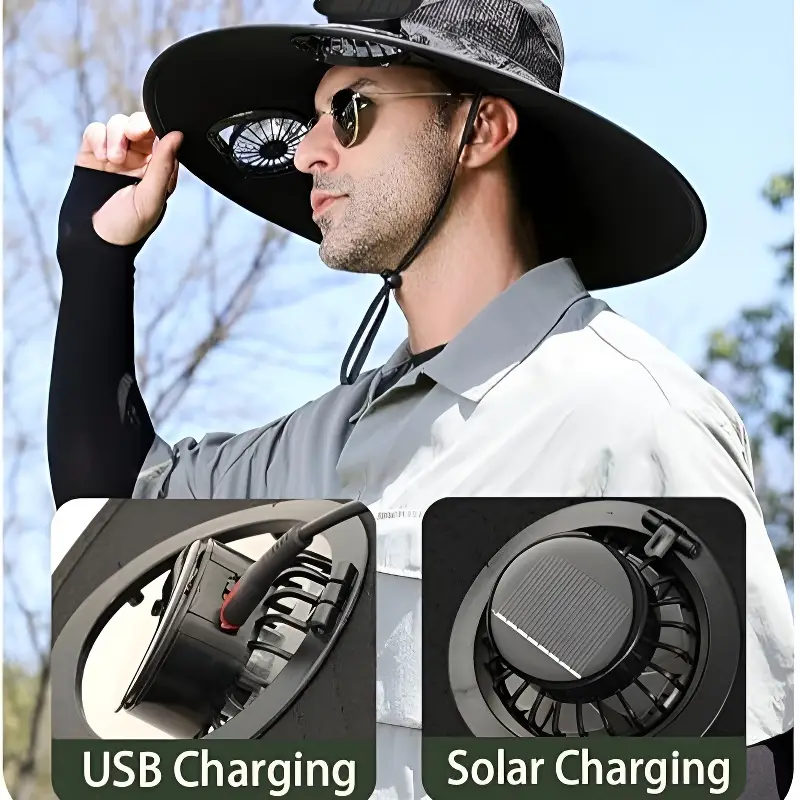 Outdoor Wide Brim Solar Charging Sun Hat, Easy to Carry - Long-Lasting Battery Life - Unisex Fishing Solar Fan Hat, Built-in Fan Bucket Hat for Fishin
