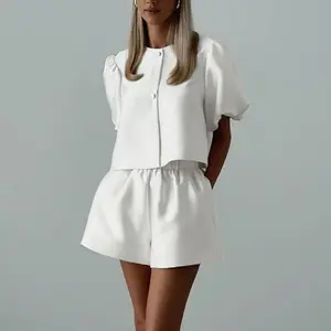 Women's Solid Color Puff  Button Front Top Sleeve Two Piece Outfit - Cropped Blouse & High Waist Shorts Set