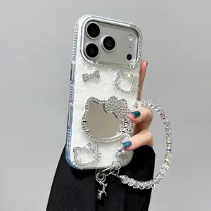 Shell-Patterned Cat Mirror Bracelet Phone Case For iPhone 17 16 15 14 13 12 Pro Max  Fashionable and Luxurious Cat-Themed Phone Case