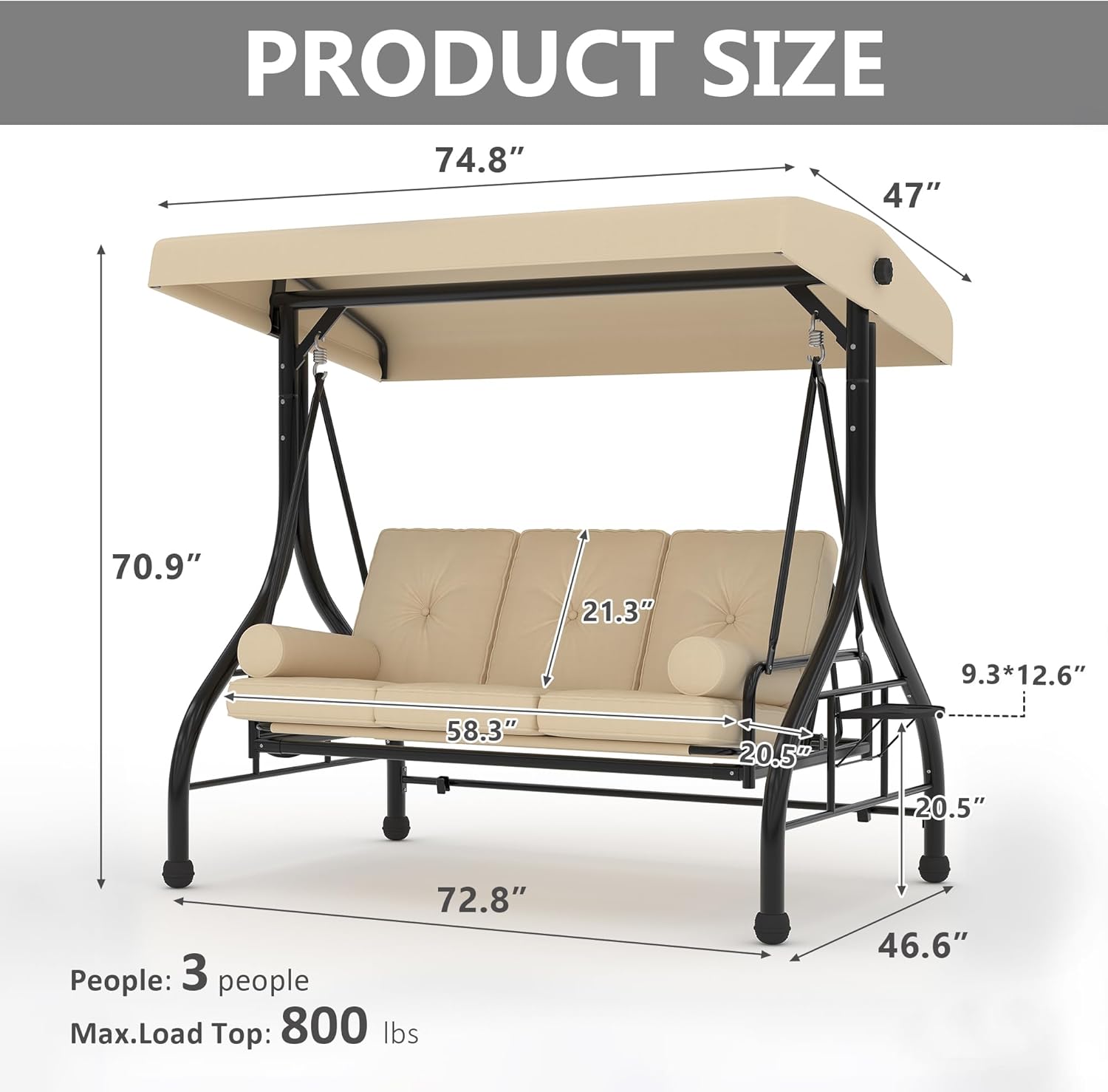 Outdoor Porch Swing with Adjustable Canopy, 3-Seat Patio Swing Chair with Stand, 800LBS Heavy Duty Outdoor Swing for Adults with Cup Holder Tray, Cushion & Pillows, Patio Swings with Canopy for Garden