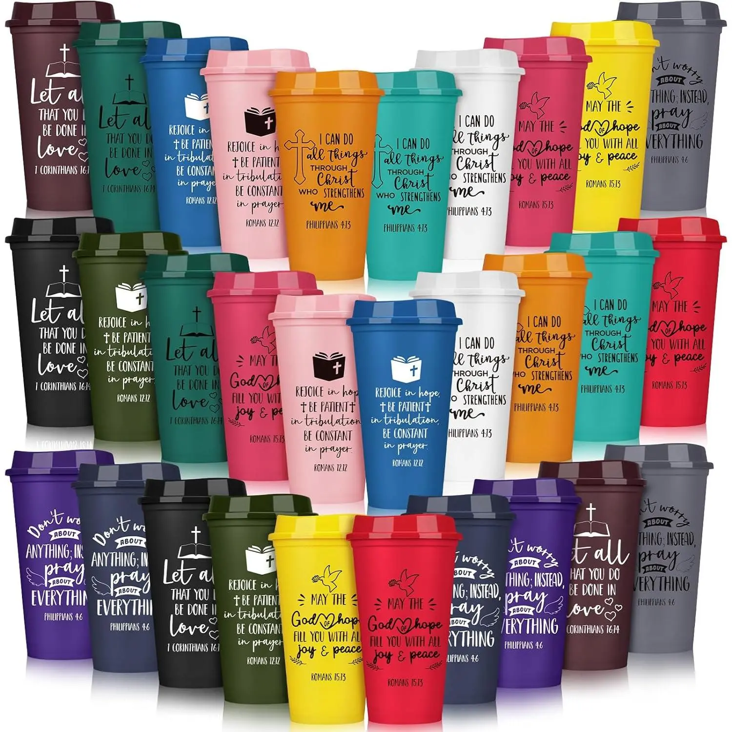 Pickmesh 30 Pcs Reusable 16 oz Plastic Christian Tumblers with Lids, Coffee Cup for Church Employee Team, Father's Day Religious Gift with Bible Verse (Bright Color, Beverage Drink Use)