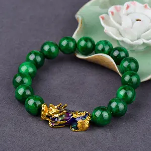 Green Jade Bracelet with Pixiu Charm – Handmade Stretch Healing Bracelet - Natural Gemstone Jewelry for Luck & Elegance