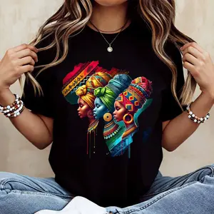 African Women With Traditional Headwraps And Jewelry Print T Shirt  Crew Neck Casual Loose Fit For Everyday Wear And Light Activities
