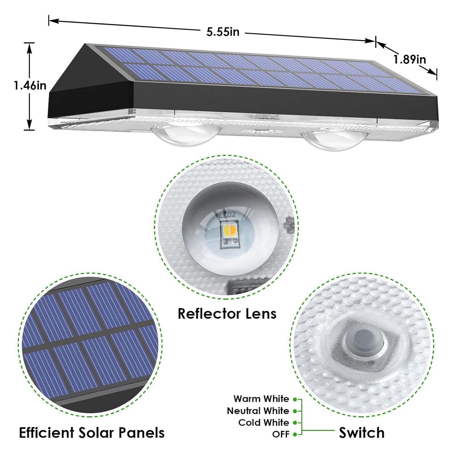 Solar Fence Lights 2 Pack, 3 Lighting Modes Warm White/Daylight White/Cool White Solar Outdoor Lights, Waterproof Deck Lights for Fences, Stair Railings, Pool Side, Walls and Patio