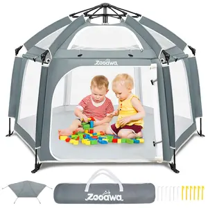 Pop Up Playpen for Baby, 150*100 cm(L*H) Playpen for Babies and Toddlers with Removable Sun-Shades& 2 Side UV Covers, Lightweight Outdoor Baby Play pen for Beach Home with Travel Bag,Light Gray