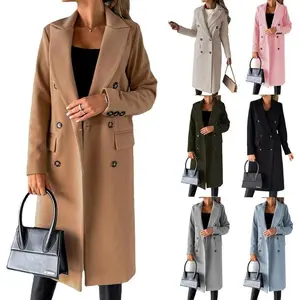 Women’s Spring 2025 New Jacket – Versatile Wool Coat, Solid Color, Long Sleeves, Double-Breasted, with Pockets