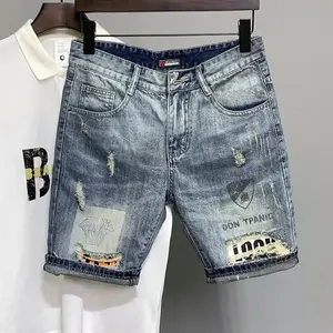 Men's denim shorts with holes, splatter paint graffiti, slim fit, straight cut, Korean style mid-length pants