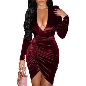Women's Sexy Long Sleeve V Neck Ruched Wrap Cocktail Club Mini Dress
