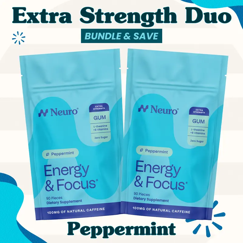 Extra Strength Duo - Energy & Focus Caffeine Gum (100mg) - Peppermint (2-Bulk Pouches)