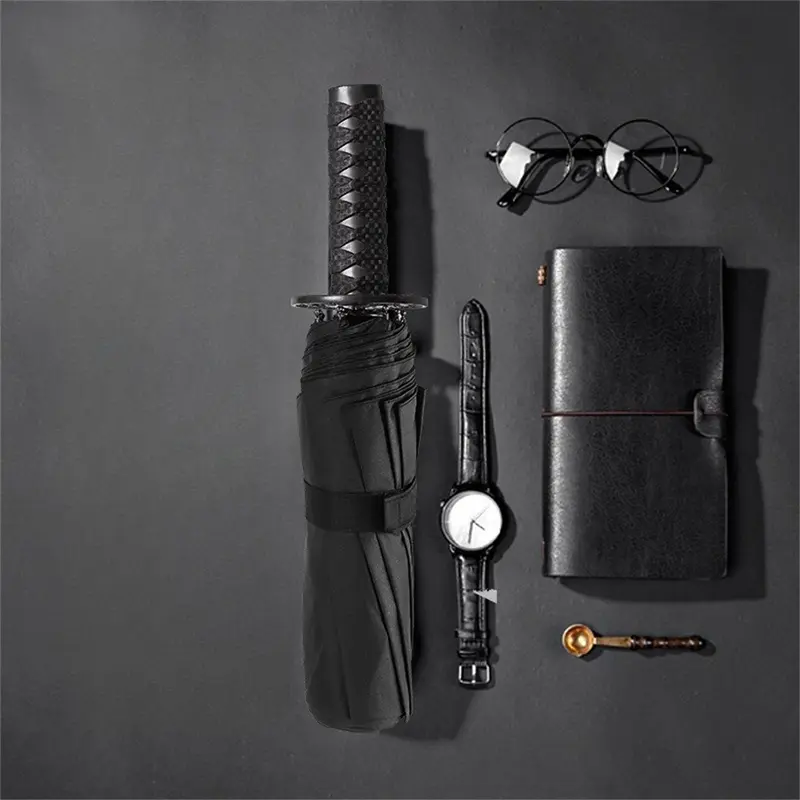 Japanese Samurai Sword Creative Folding Umbrella - Rain and Sun, Wind Resistant, UV Resistant, Portable, Unisex Home Supplies for Outdoor Use (Animated Personality Design)