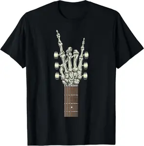 Rock On Skeleton Hand Guitar Gifts Men Graphic Tee Rock Band T-Shirt Pure Cotton Graphic Tees Menswear Top: Gifts for Men & Women