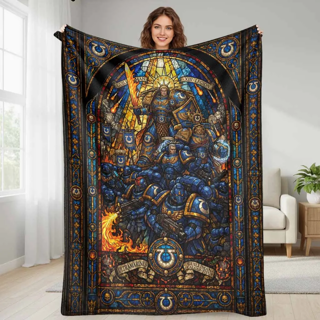 SciFi Space Warrior Galactic Art Flannel Blanket - Ultramarines Legion Theme, Super Soft, Lightweight Weave, Warm, Bedroom Use, Ideal for Camping, Galactic Fantasy Enthusiasts Gift, Home Decor Throw Bedding Accessory