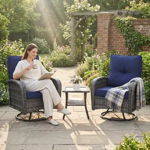 【Crazy Price】3-Piece Outdoor 360 Swivel Rocking Glider Chair Set, Includes 2 Large Wicker Glider chairs with Matching Side Table, Perfect for Patio, Pool, or Porch