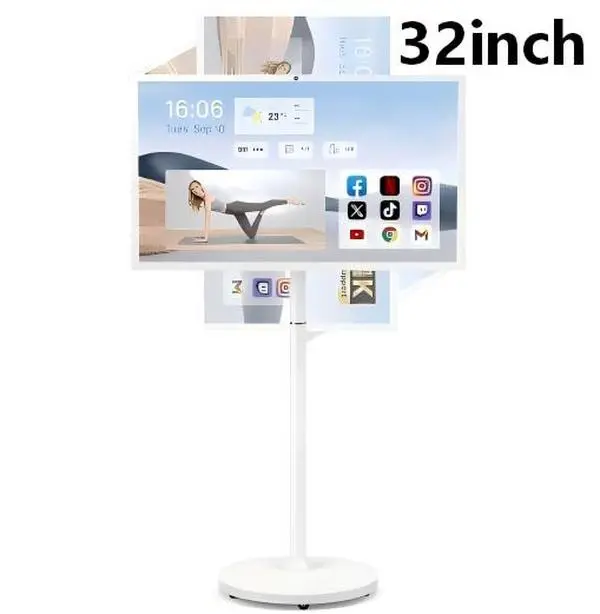 32-Inch Smart Portable TV on Wheels with Adjustable Stand - FHD Touch Screen, Wireless Rollable, 8G RAM, 128G Storage, 6-8H Battery, Android 14, Full Swivel Rotation, Remote, App Support, Grey Home/Outdoors Full HD Streaming Media Device TV Gadget