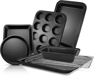 7-Piece Bakeware Set includes nonstick pans for baking, roasting, and cooling. Features wider grips and durable carbon steel construction.