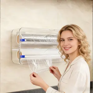 Food Preservation Film Cutter Dispenser Box, Aluminum Foil Stretch Wrap Storage Holder, Wall-Mounted No-Drill Design with Adhesive Hooks