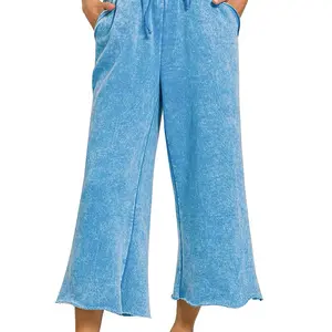 Zenana Women's Olive Acid Washed Cropped Lounge Pants - Wide Leg Drawstring Bottoms with Pockets for Everyday Wear