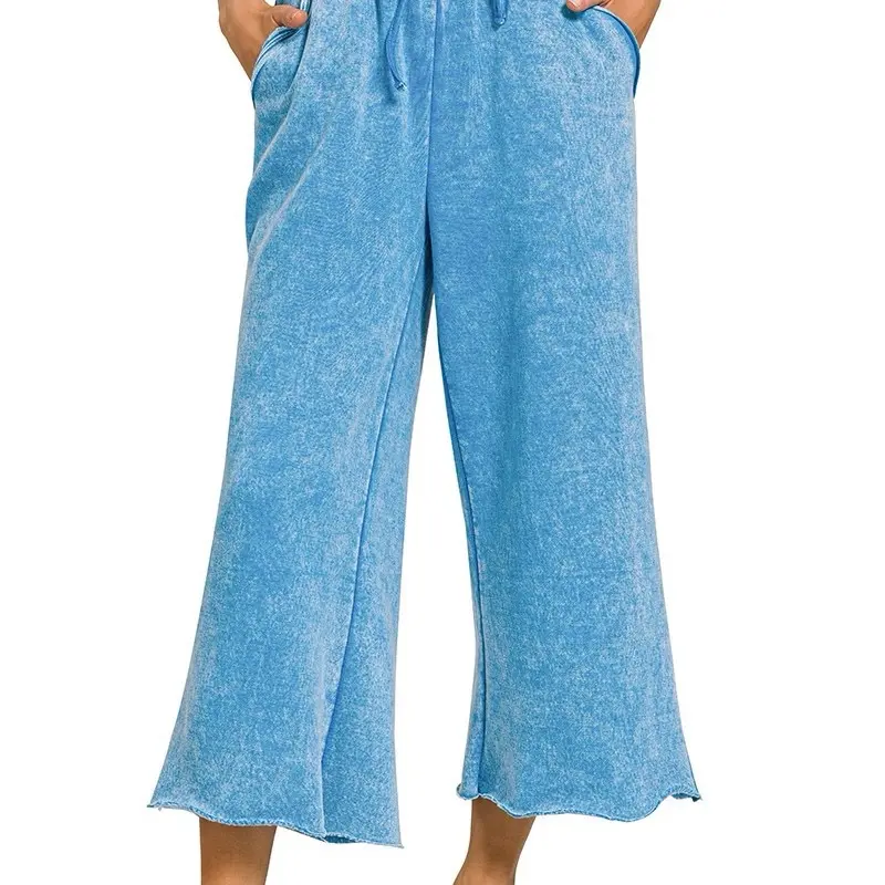 Zenana Women's Olive Acid Washed Cropped Lounge Pants - Wide Leg Drawstring Bottoms with Pockets for Everyday Wear