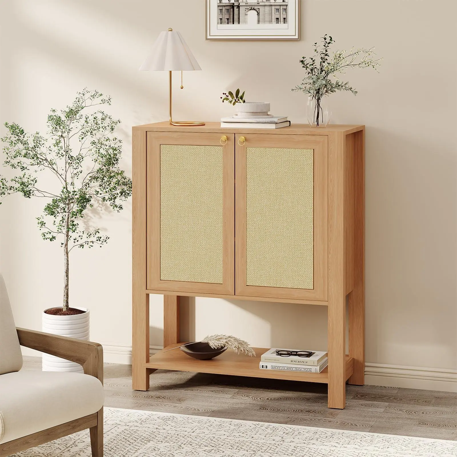 GARVEE Rattan Shoe Cabinet for Entryway, 5-Tier Farmhouse Organizer Rack Narrow Shoe Storage Cabinet with 2 Doors and Open Shelf for Foyer Hallway Living Room, Dark Oak