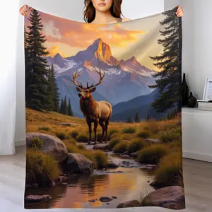 Heavyweight  Flannel Blanket - Four Seasons Warm and Soft, Majestic Mountain View and Deer Tree Pattern - Luxurious Bedspread or Sofa Cover, Suitable for Living Room, Camping - Machine Washable Comfortable Home Decor Gift, Natural Inspiration Design