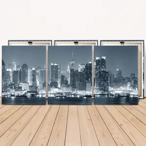 3 Counts Wooden Framed Canvas Painting, Modern Night City Skyline View, Exquisite Poster, Perfect Living Room Decoration, Modern Art, Fashion Family Poster, Wall Art Decoration, Waterproof Art
