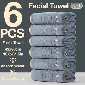 6-Piece Gold Thread Edge Bath Towels, Premium Embroidered Soap Towels 42x80cm, Quick-Dry Strong Absorbent Microfiber, Modern Bathroom Set