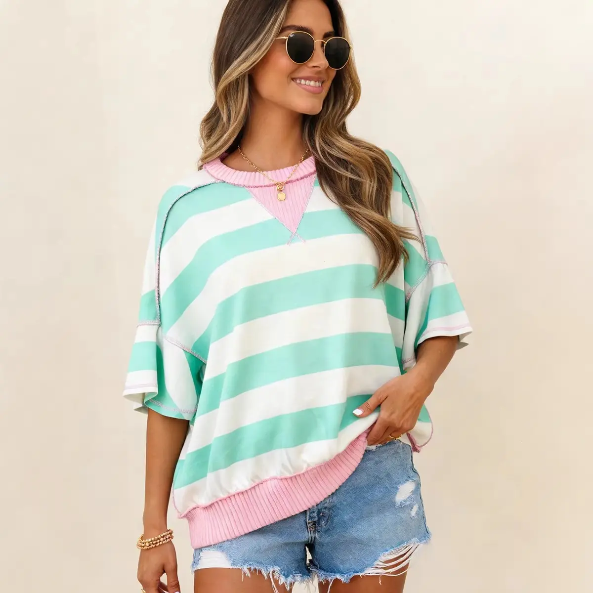Women's 2026 Summer Oversized Y2K Color Block Striped Short Sleeve Crewneck Casual Loose T-Shirts Tops