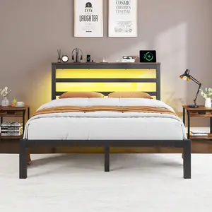 Metal Platform Bed With Vintage Steel Headboard, RGB LED Light, Underbed Storage, Easy To Assemble loft king size Twin Gingham Daybed Trundle Full Double Floor Door Queen Canopy