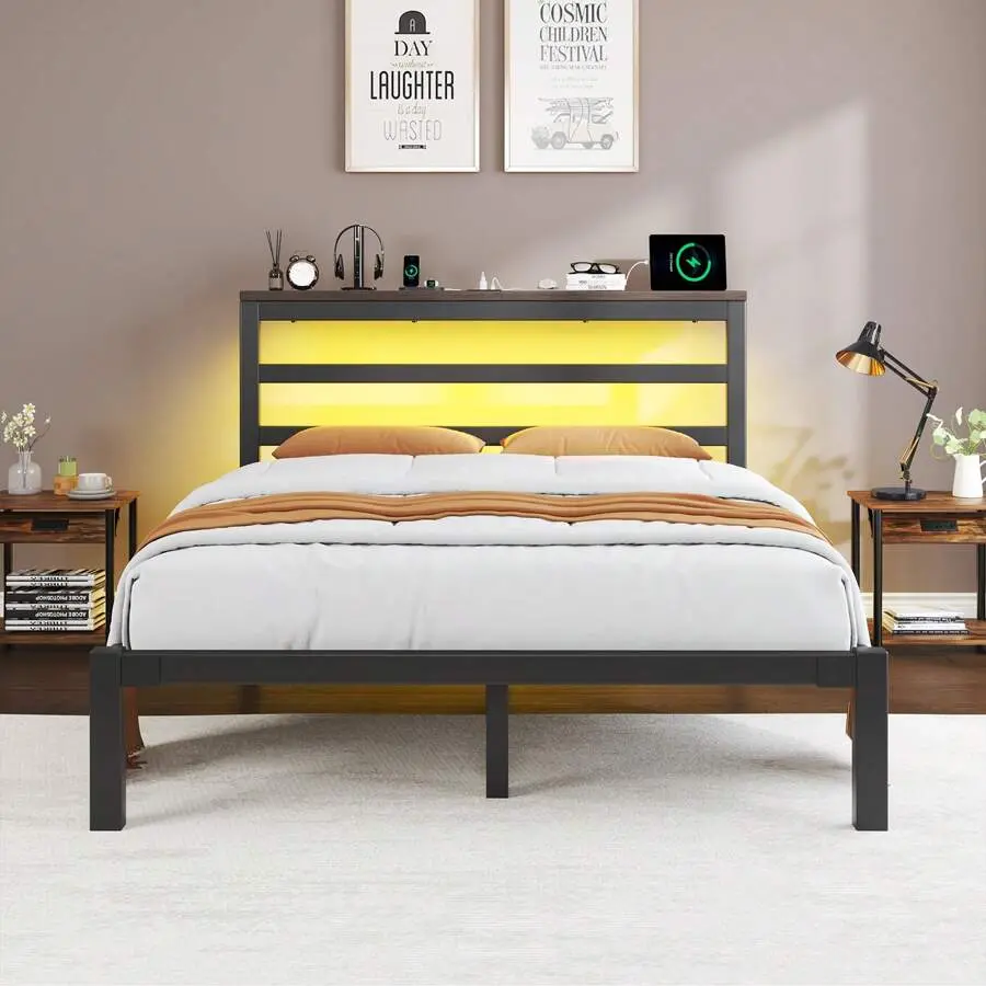 Vintage Heavy-Duty Iron Headboard Metal  Frame - Classic Rectangular Platform with RGB LED Light, Under  Storage, Easy Assembly, Daily Use, Multiple Sizes (Twin, Full Double, Queen, King) & Variants (Gingham Daybed, Trundle, Canopy),cama,u,christmas
